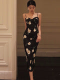 Women's Spaghetti Strap Midi Prom Black Dress Female Fashion Elegant Slim Party Clothes