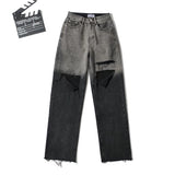 Zingj Trendy Women's Jeans, High Waist, Loose Style, Gradual Color Knee Hole, Rough Rim, Straight