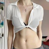 Zingj Girl Lapel Perspective Mesh Shirt Top Spring 2023 New Sexy Short Style With Short Sleeve Thin