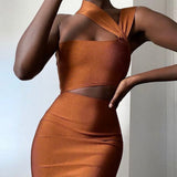 Bandage Dresses For Women 2022 Elegant Tan Cut Out Bodycon Dress Ladies Sexy Mid Evening Club Party Dress Birthday