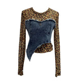 Real Shooting Fashion Leopard Tard Tard Babes Mesh Splicing Denim Irregular Bottom Shirt Short Top