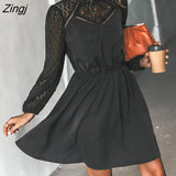 PETAL Lace Trim A-Line Mini Dress For Woman Black Sexy Cut Out Long Sleeve Party Dress 2023 Spring Autumn Female