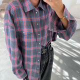 Zingj Style Versatile Lapel Loose Shirt 2024 Spring And Autumn Plaid Long Sleeve Pocket-Outfit