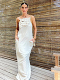 3d Flower Cotton Linen Sling Maxi Dresses Women Backless Sleeveless Slim Long Robes 2024 Chic Lady Vacation Party