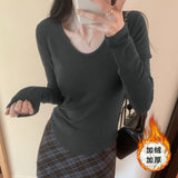 Pleated Waist Bottomed T-Shirt Women's New Hair-Grabbing Multicolor Shoulder Long-Sleeved T-Shirt In Autumn And