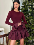 Ruffled Patchwork Long Sleeve Mini Dress- Outfit