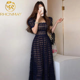 Elegant Square Collar Women Lace Dress Sweet Hollow Out Slim Puff Sleeve Midi Long Dress 2022 Spring High Waist Party