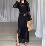 Zingj Women's Fall Round Collar Knit Hollow-Out Dress High Waist Tight Wrap Hip Dress-Outfit