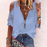 Lace Zipper Blouse Hollow Out Short Sleeve Women V-neck 5XL Casual Fashion Shirt Lady Loose Sexy Elegant Tops Mujer