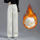Jeans Women Warm Denim Trousers High Waist Casual Loose Female Denim Pants Thick Velvet Cotton Wide Leg Woman