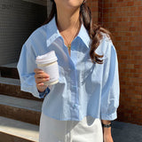 Women Lantern Nine Quarter Sleeve Pocket Crop Casual Office Elegant Single Breasted Loose Comfort Clean Students