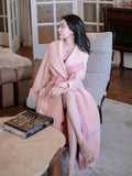 Autumn Winter Long Loose Casual Patchwork Woolen Coat Women Sashes Stylish Chic Elegant Luxury Designer Clothes