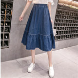 2020 Preppy Style Women Denim Mid-Calf Skirts High Waist Plus Size Faldas Larga Women Button Jean School Skirt