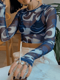 Mesh Long Sleeve Marble Print Crop Top- Outfit