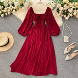 Elegant Square Collar Maxi Dress Women Solid Chiffon Puff Sleeve Midi Dresses 2023 Korean Fashion Vintage Ruffle