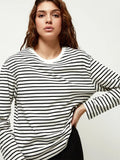 Women Stripe O Neck Long Sleeve T-shirt 2022 Autumn Office Ladies Loose 100% Cotton Tees Harajuku Oversized