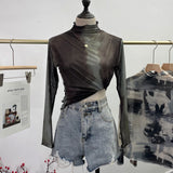 Real Shooting Wave Side Half-High Collar Net Yarn Dyed Long Sleeve Thin Inside The Bottom Shirt Autumn And Winter Folded T-Shirt
