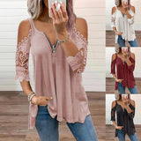 Elegant Hollow Out Shirt Women Sexy Lace Half Sleeve Zipper Casual T Shirt V Neck Loose Plus Size Sling Pullover