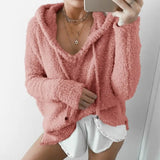 Autumn Top Women Casual Mohair Hooded Pullovers V Neck Fleece Sweater Fashion Sweet Loose Warm Winter Mohair Tops