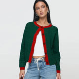 Contrast O-neck Single Breasted Long Sleeve Cardigan- Outfit