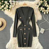 Knitted Pencil Dress Korean Long Sleeve V Neck Elastic Slim Dress Autumn Winter Sexy Bodycon Warm Sweater