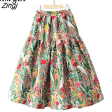 Flower Skirts Women Summer French Retro Elegant Aesthetic Jacquard High-waisted Long Midi Pleated A-Line Skirt