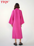 Elegant Pink Midi Dress Lady Fashion Chic Lace-up Long Sleeve Casual Dress Vintage Loose Classic Dresses For Women