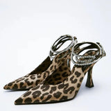 ZAR 2022 Summer Leopard Pumps for Women Fashion Ponited Toe Rhinestone Interchangeable Strap Party Heels Feminine Vintage