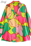 2023 Print Satin Shirt Woman Blue Button Up Shirt Women Vintage Long Sleeve Shirts And Blouses Women Casual Loose