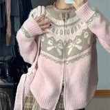 Pink Jacquard Bow Knitted Cardigan- Outfit