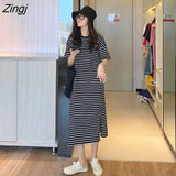 Women Short Sleeve Dress Striped Straight Slim Loose Wide Waist All-match 3XL Side-slit Daily Casual Korean Fashion Office