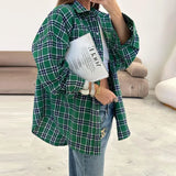 Zingj New Vintage Plaid Shirt Women's Casual Plaid Top Versatile Lapel Loose Medium Long Shirt-Outfit
