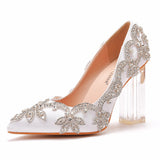 Cm Thick Heel Crystal Transparent Square Tip Single Shoe Bridal Silk Satin Cloth Diamond Skirt Wedding