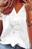 Summer Lace Splice White Shirt V-Neck Women Casual Blouse Elegant Short Sleeve Tops Fashion Loose Hollow Lady Shirts