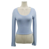 Basic Long Sleeve Womens Tshirt Casual Black White Fashion Crop Top T Shirt Ladies Fashion Korean Sexy U-Neck Tee