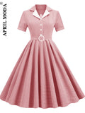 Retro Vintage Swing Casual Summer Dress Button Front Turn Down Collar Plaid Print 1950s Pinup Rockabilly Dresses with