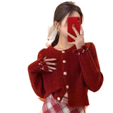 Zingj Version Autumn Winter Gentle Department Lotus Leaf Sleeve Sweet Wind Round Collar Sweater Female Design Feeling Nail Bead Knit Cardigan Jacket Tide-Outfit