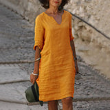 Cotton Linen Small V-neck Stitching Retro Basic Model Solid Color Three-quarter Sleeve