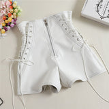 Women PU Shorts Tie High Waist Shorts Female Casual Black Shorts Ladies All Match Wide leg Shorts Short Pants