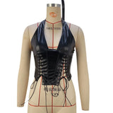Zingj Women's Fashion PU Leather Hanging Neck Sexy Straps Tight Waist Small Vest Women's