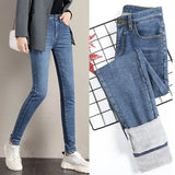 Warm Jeans Women 2019 New High Waist Stretchy Female Thick Fleece Denim Trousers Slim Elastic Jeans Velvet Pencil