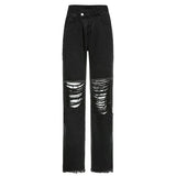 Baggy Black Boyfriend Jeans Pants Women Ripped High Waisted Denim Pants Capris Vintage Holes Distressed