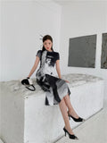 Psychedelic Short Sleeve Long T Shirt Dress Women Summer 2022 A Line Black White Designer Midi Dress Fashion
