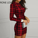 Women Plaid Long Sleeve Bodycon Dress Party Sexy Dress Elegant Fashion