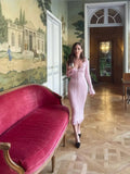 Pink Ruffled Long Sleeve Knit Midi Dress-Outfit