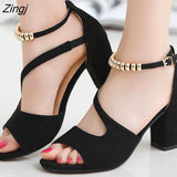 summer sexy fish mouth hollow Roman sandals thick with word with beaded high heels female summer Sexy female