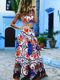 Print Casual Two Piece Set Skirt V-neck Bra High Waist Pleated Long Skirt Elegant Suit Summer Beach Holiday Women