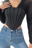Black Mesh Long Sleeve Off Shoulder T-shirts Tops Women Sexy Backless Ruched Corsets Street Clubwear Short Tees