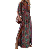 954 Spot In 2025 Fall New Fashion V-Neck Short Sleeve Loose Bohemian Medium And Long Print