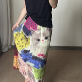 Folds 2025 Spring And Summer New Elastic Thin Cartoon Cat Print High-Waist Commuting In The First Half